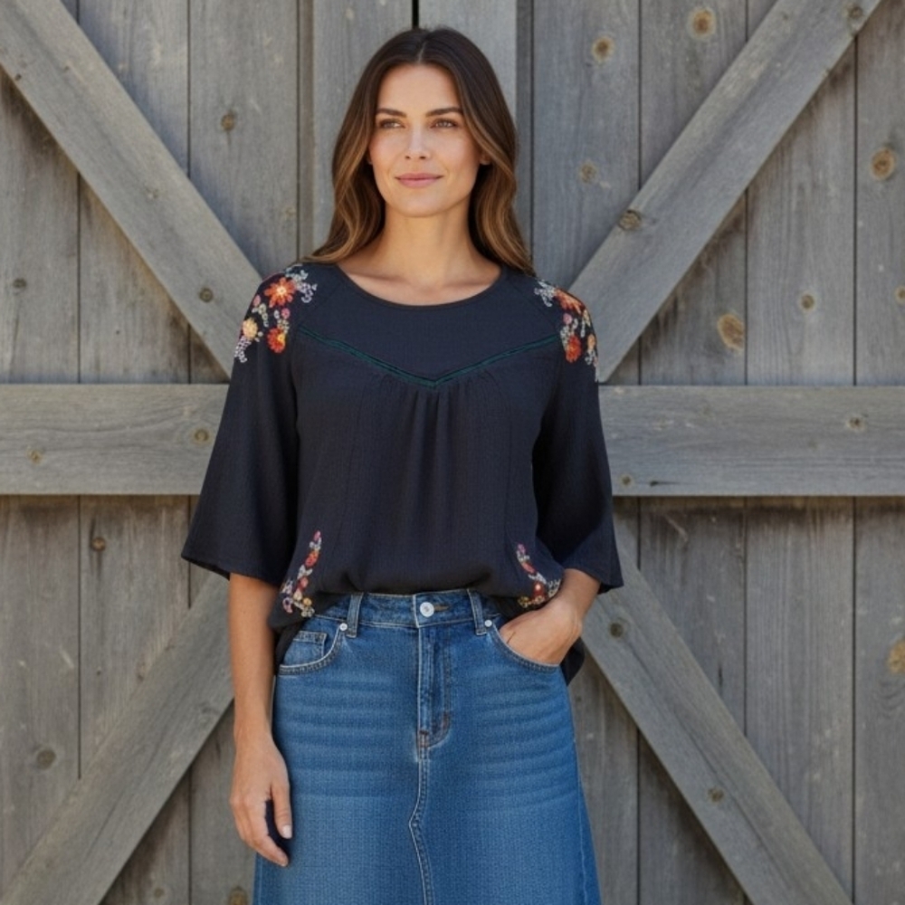 Anthropologie Gray Tunic with Floral Embroidery